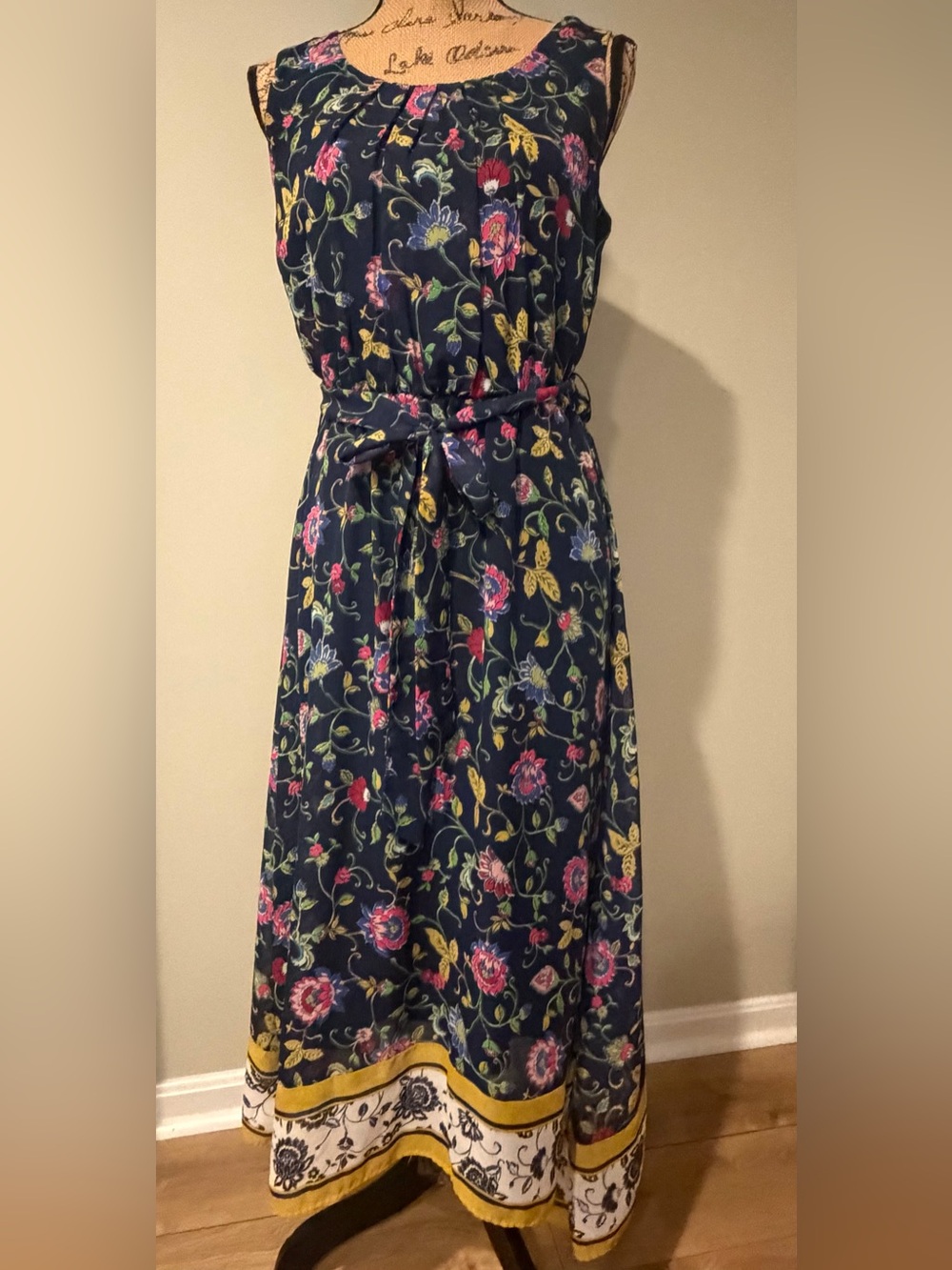 Apt 9 Womens Sleeveless Maxi Dress Size PL Petite Large Navy Floral Border Hem